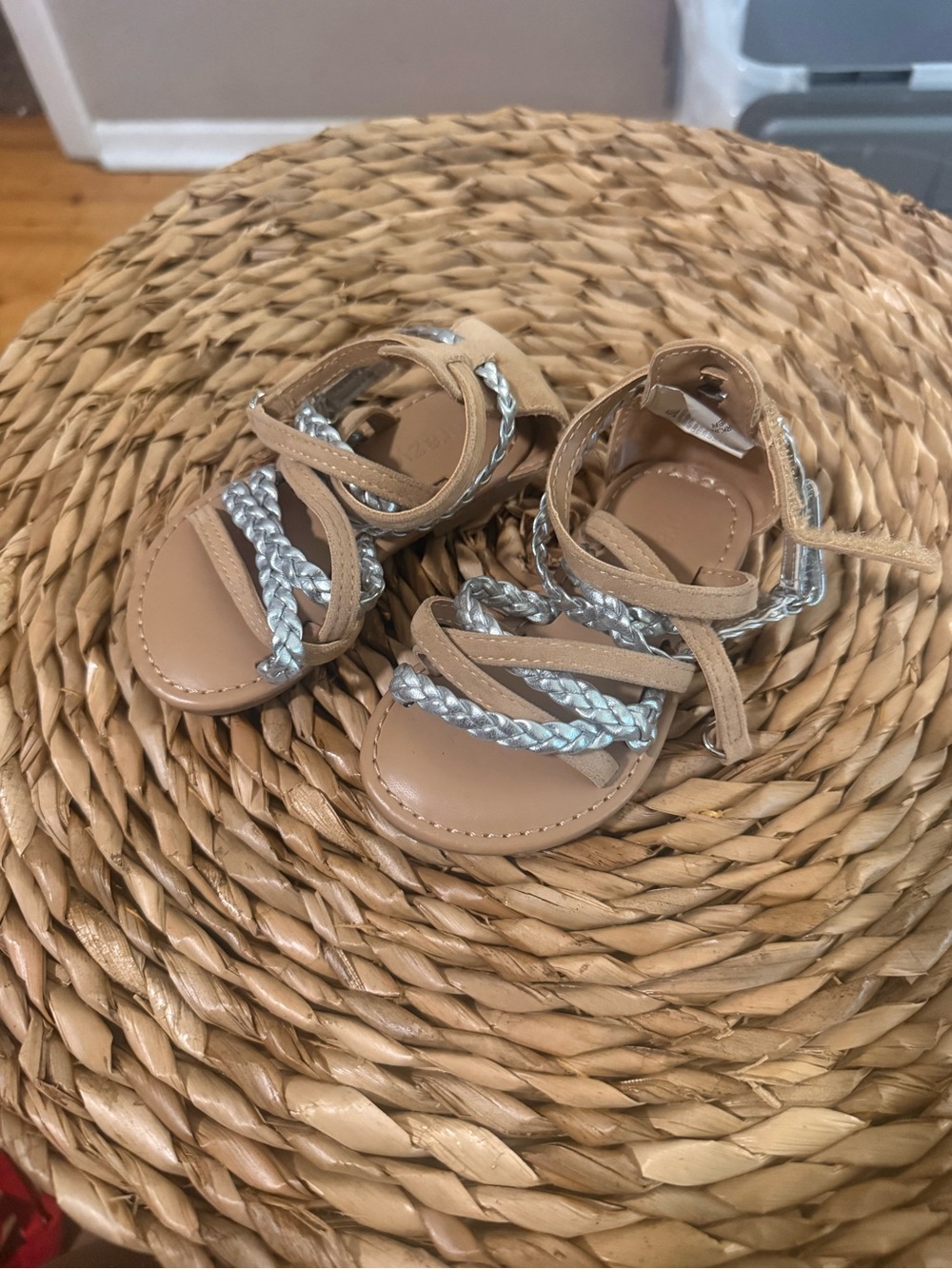 Toddler Tan Sandals with Silver Braided Straps